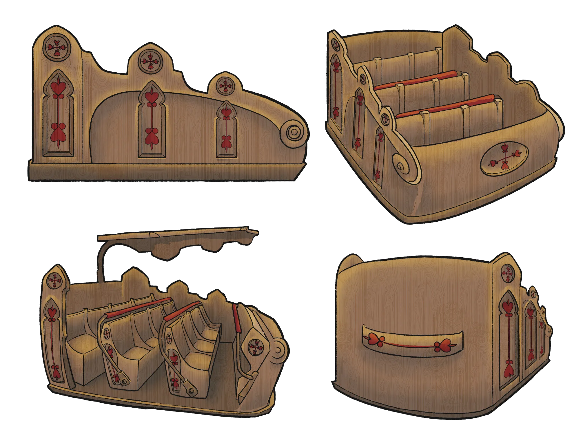 Ride vehicle inspired by cathedral pews with ornate carvings