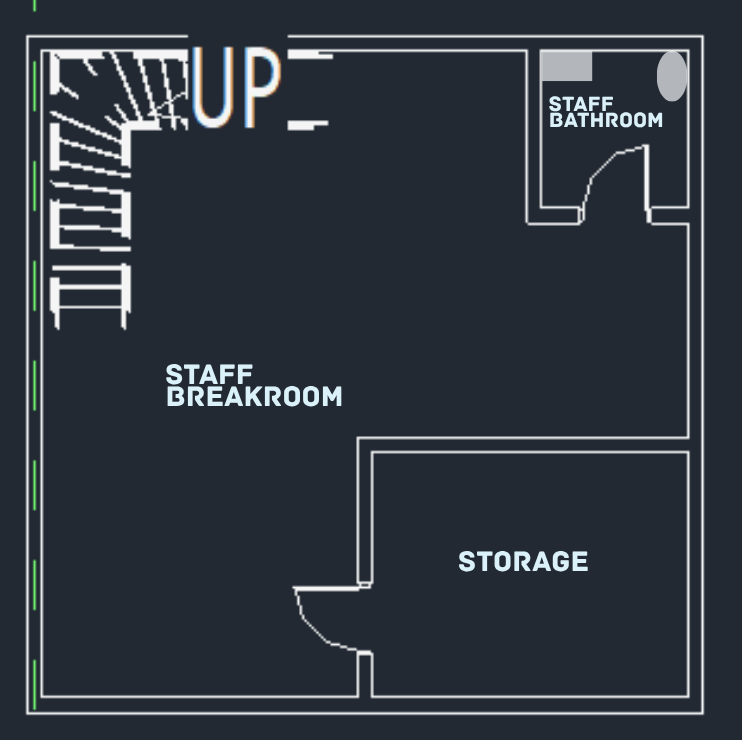 Floor-plan blueprint of the upstairs: storage, bathroom, and breakroom