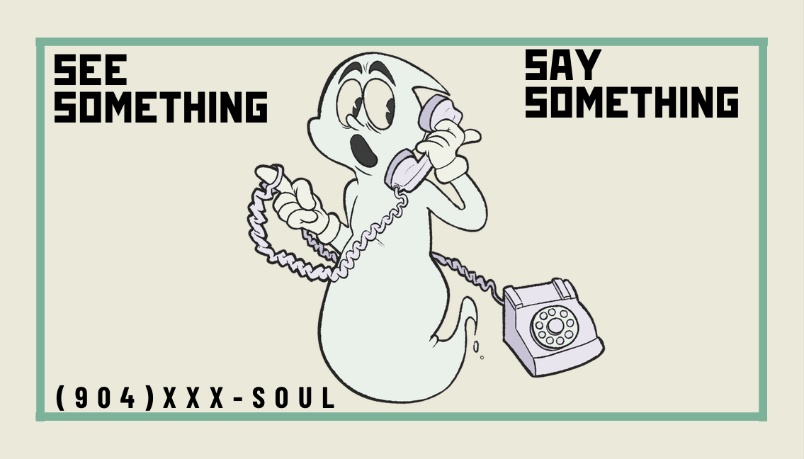 Back of Annie's business card: a startled cartoon ghost juggling two rotary phone receivers, flanked by "See Something" and "Say Something", with (904) XXX-SOUL along the bottom.