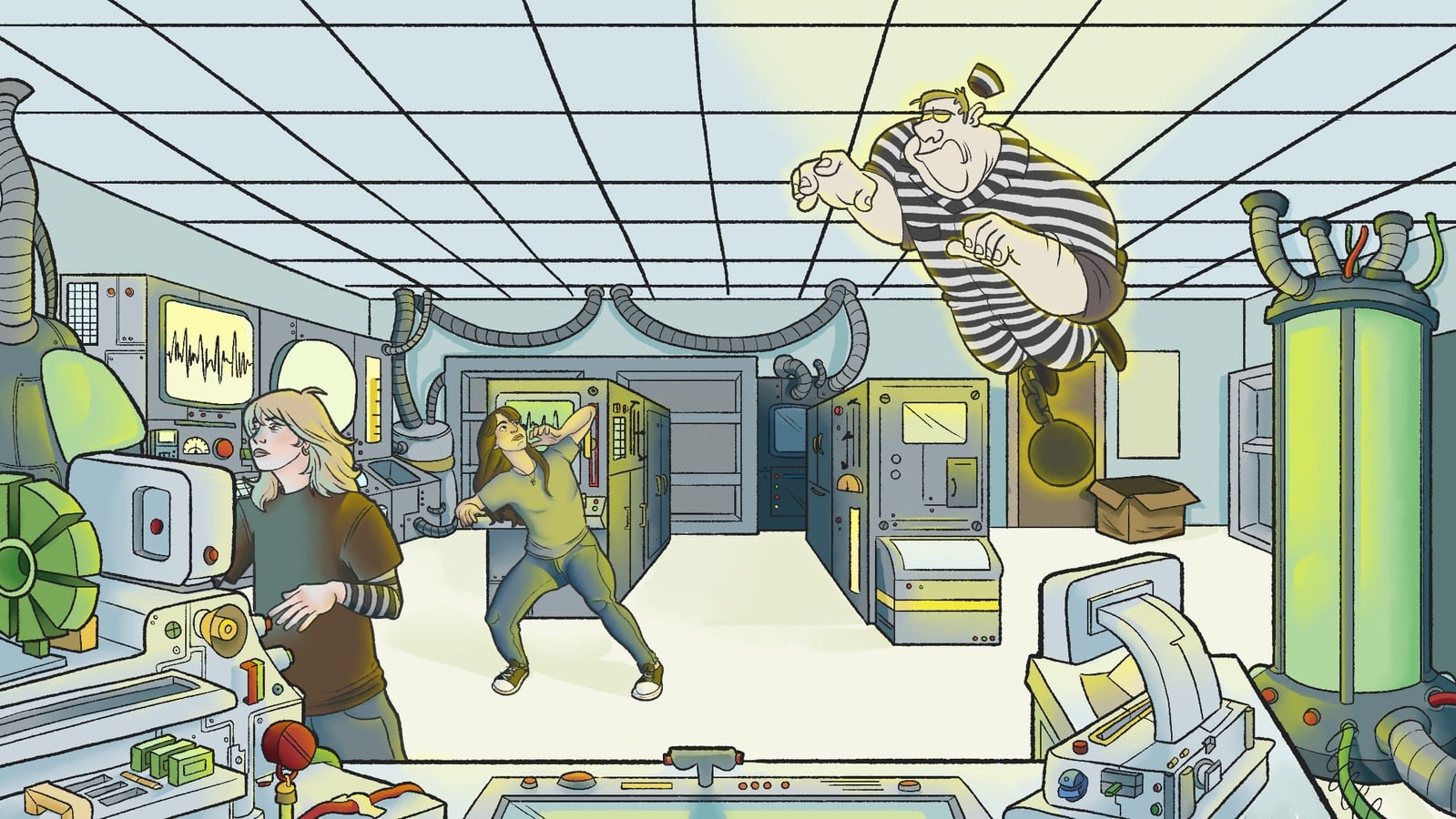 Illustration of Dr. Fantasma’s laboratory mid-conjuring: machines, glass bulbs, and a containment chamber under green light