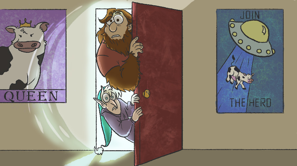 Colored Frame of the students peeking into "the herd" room