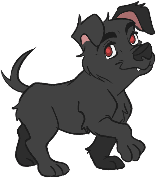 Pilot, the black gytrash dog, mid-stride with a wagging tail
