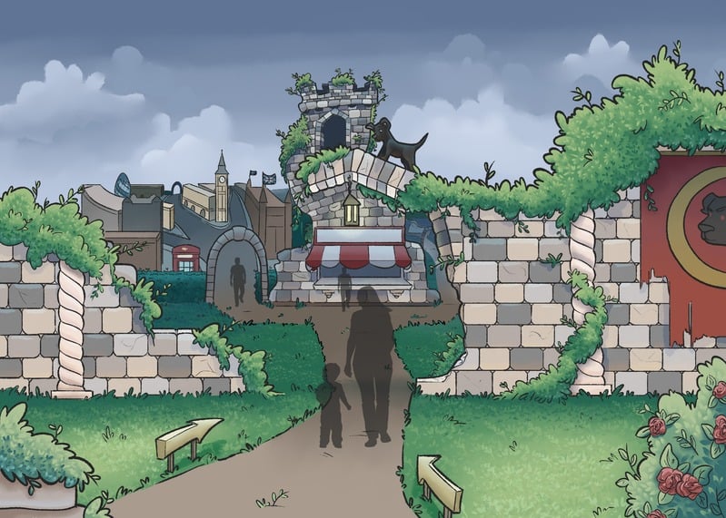 The Aberystwyth ruins entrance with guest silhouettes walking the path beneath Pilot