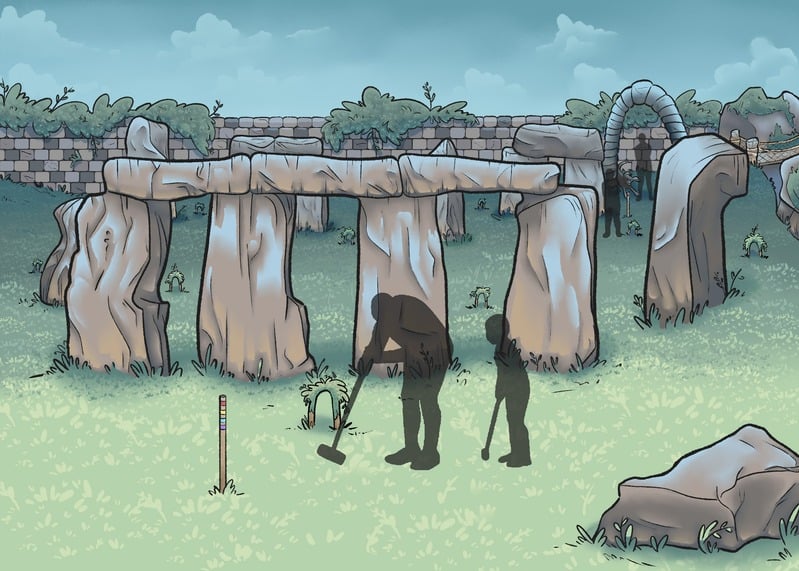Guest silhouettes playing croquet through the standing stones of Stonehenge, a striped wicket stake in the foreground