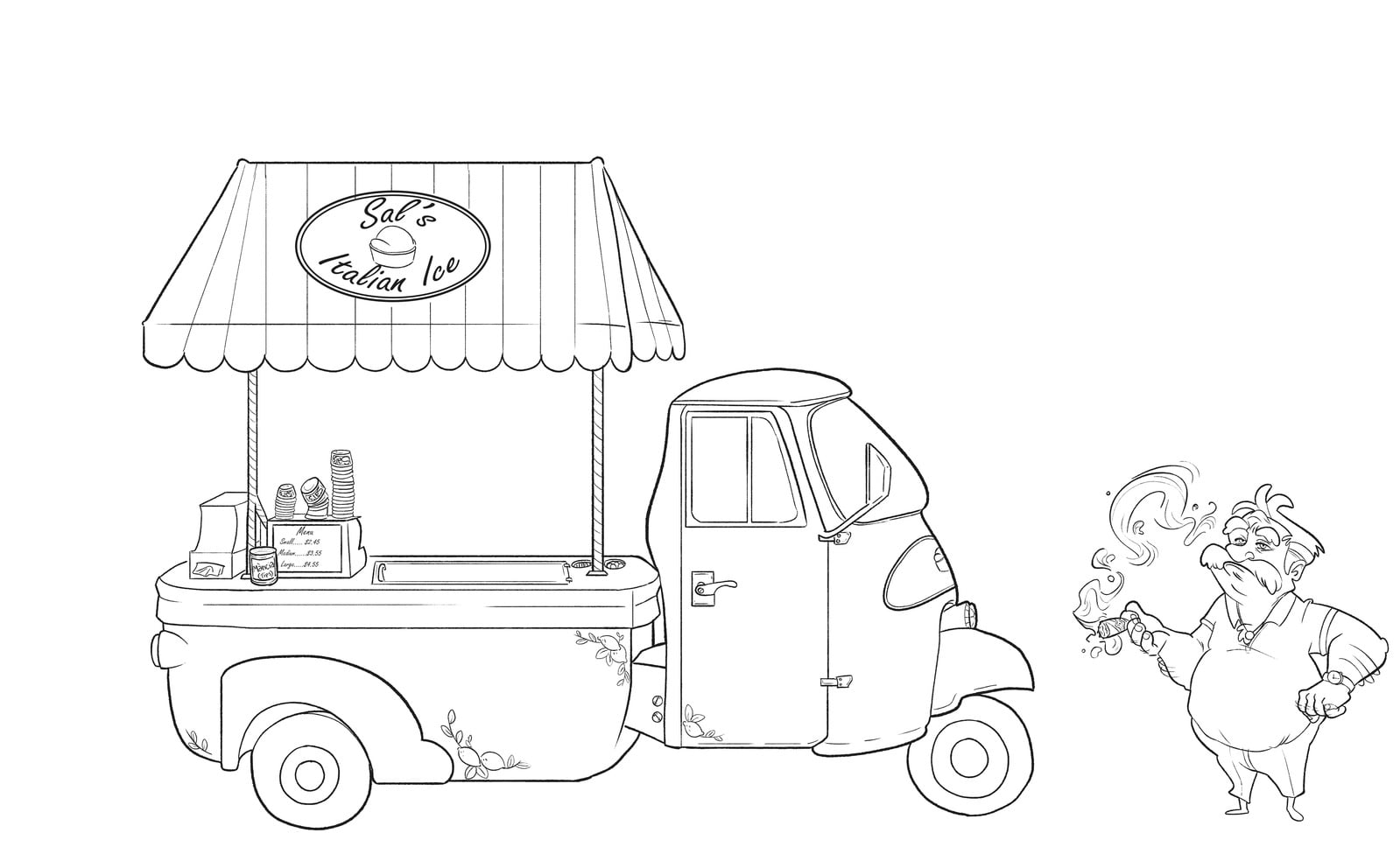Line sketch of Sal's Italian Ice cart.