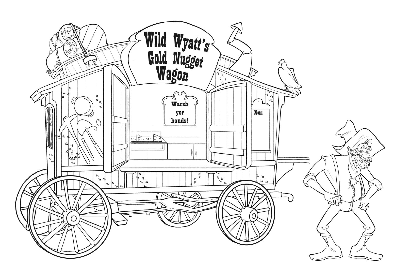 Line sketch of Wild Wyatt's Gold Nugget Wagon, his mining wagon turned chuck wagon.